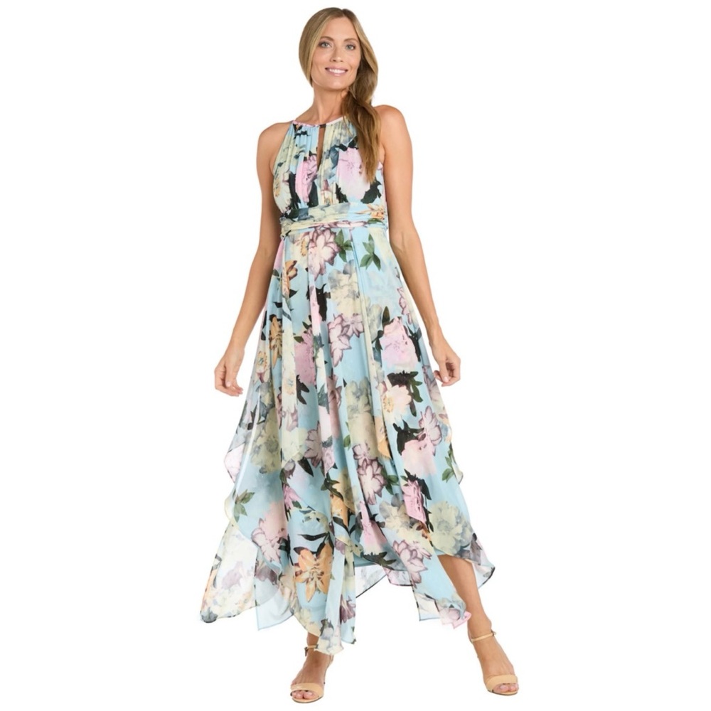 NEW R & M Richards Women's Floral Keyhole Handkerchief-Hem Maxi Dress, Size 16